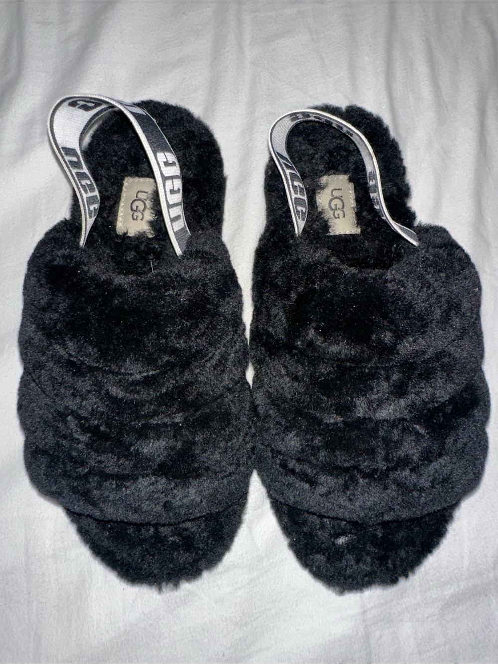 UGG Black Plush Fur Slide Sandals with Branded Slingback